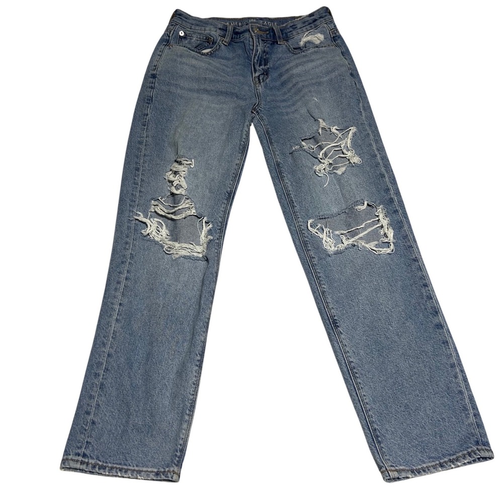 American Eagle 90s Straight Jeans Womens 4 Short 26 Blue Distressed Ripped Baggy